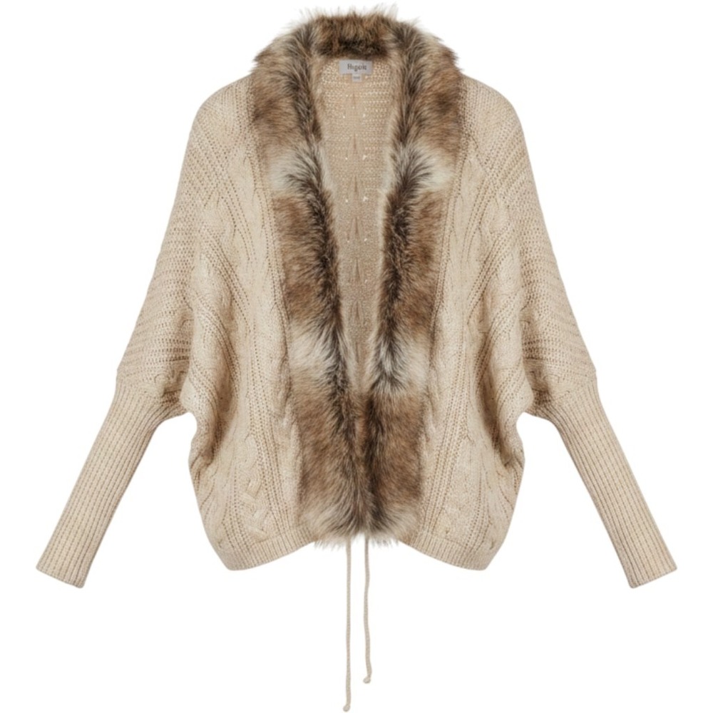 Military Hippie Faux Fur Collar Cable Knit Batwing Cardigan Sweater Beige OS